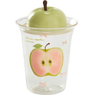 肆月苹果玻璃杯家用高硼硅咖啡牛奶果汁饮料杯带盖带吸管杯子水杯