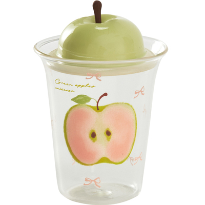 肆月高硼硅苹果带盖吸管玻璃杯