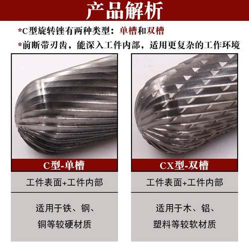 C型钨钢磨头硬质合金旋转纹金属槽锉刀雕刻刀头双打磨单圆柱铣刀