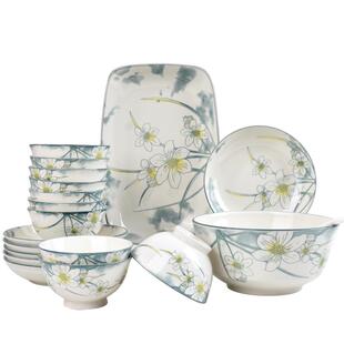 碗碟家用中式陶瓷餐具碗盘组合高脚饭碗菜盘鱼盘汤碗10碗10盘整套