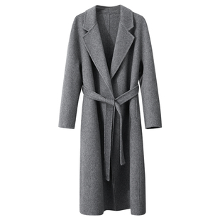 Amii2025冬新款绵羊毛桑蚕丝骆驼绒双面呢女配腰带浴袍风长款大衣