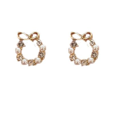 银针蝴蝶结珍珠耳钉圆形简约