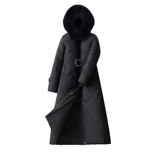 黑色狐狸大毛领羽绒服女中长款2025冬季新款腰带宽松保暖连帽外套