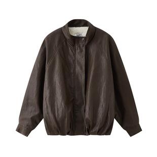 三福皮衣外套2025新款冬季复古宽松加绒保暖软皮衣夹克女装513300