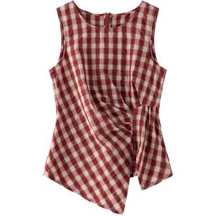 LAGOGO港风红格时髦小衫女拉谷谷2026春夏款复古收腰设计纯棉上衣