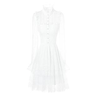 艾丽丝2026春季新款蕾丝波点甜美白色连衣裙女半高领短款黑色裙子