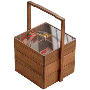 品瓷汇胡桃木茶会便携式盒子手提干果茶点食盒中式多层带盖收纳盒