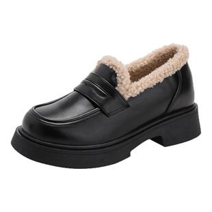 真皮加绒乐福鞋女冬新款复古厚底内增高英伦风黑色小皮鞋小码女鞋