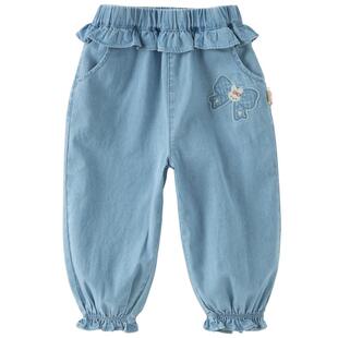 戴维贝拉童装牛仔裤2026夏装新款女童宝宝花边裤子束脚裤灯笼裤