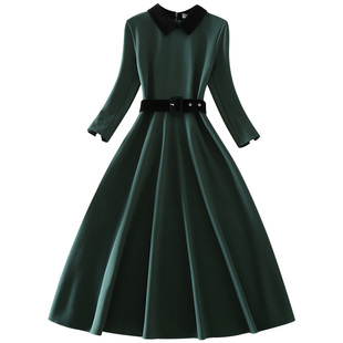清仓秋冬新款气质优雅高端女装中长款显瘦绿色七分袖大摆连衣裙