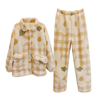 加厚双层羊羔法兰绒绒女冬黄色俏皮可外穿睡衣保暖柔软家居服套装