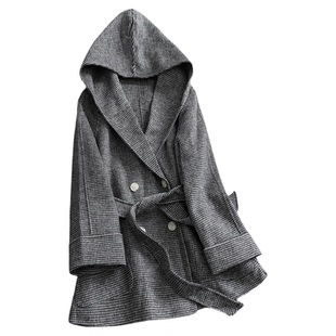 绵羊毛混纺千鸟格连帽双排扣中长款双面呢大衣长袖女毛呢外套Q040