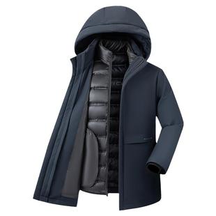 【鹅绒+可拆卸内胆】鸭鸭冬季羽绒服男连帽中长款商务爸爸装外套