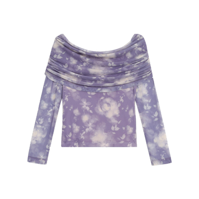 一字肩印花T恤女修身露肩上衣