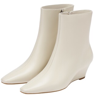 73hours女鞋都市剪影冬季新款坡跟尖头时装靴踝靴女瘦瘦短靴