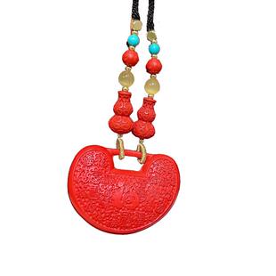 高含量保真朱砂平安锁项链天然红砂百福锁吊坠毛衣链本命年护身符