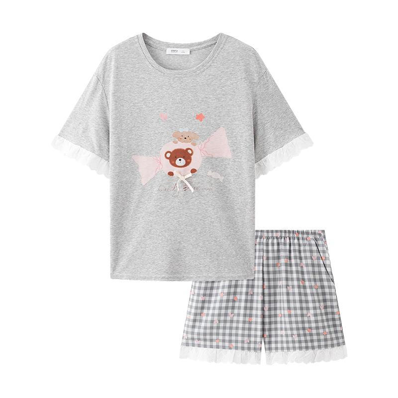 三福女夏季卡通圆领睡衣套装 甜美荷叶边宽松短袖家居服517794