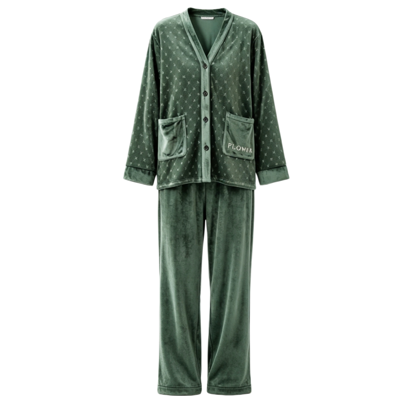 金丝海岛绒睡衣女开衫家居服套装