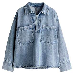 HM女装衬衫春季半开襟宽松长袖休闲套头式复古牛仔衬衫1268625