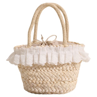 小清新玉米皮手拎小篮子新款蕾丝花边编织包度假风沙滩包百搭女包