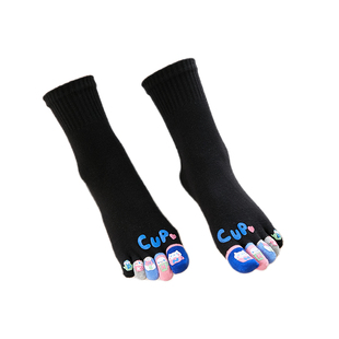 2双装新品五指袜女士棉彩指卡通可爱短筒秋冬中筒分趾棉袜加厚