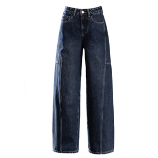 深蓝色加绒牛仔裤女2025新款冬季版型好看裤子宽松显瘦阔腿弯刀裤