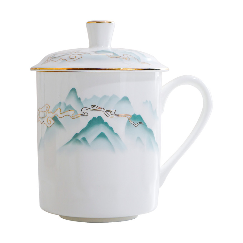 骨瓷描金中式带盖办公杯茶杯礼品