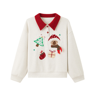 超级文 楚香罗袖撞色领圣诞绣花加绒卫衣/梨花榆火不规则毛呢短裙