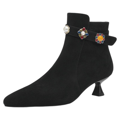 星期六2025新款细跟绒面时装短靴尖头软底不累脚复古高跟通勤女靴