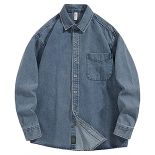 牛仔衬衫男夏季高级感日系时尚潮流一套搭配雅痞男装长袖衬衣套装