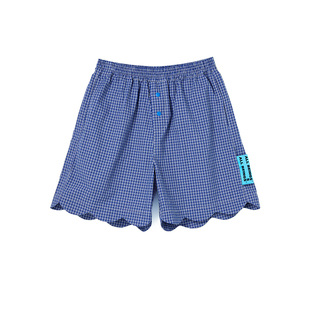 【吴佳怡同款】ALL BEINGS夏季深蓝格纹波浪边宽松休闲松紧腰短裤