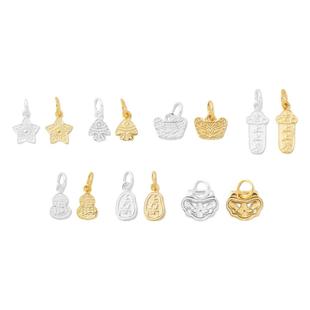 s925纯银镀黄金色复古小象如意福禄桃花上上签五路财神小提溜吊坠