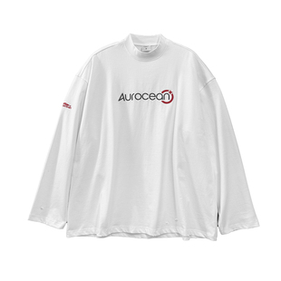 Aurocean 元气少年白色半高领长袖T恤 哑光撞色刺绣破损做旧内搭t