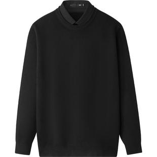 HLA/海澜之家轻商务加厚双领针织衫秋冬季新款假两件黑色毛衣男士