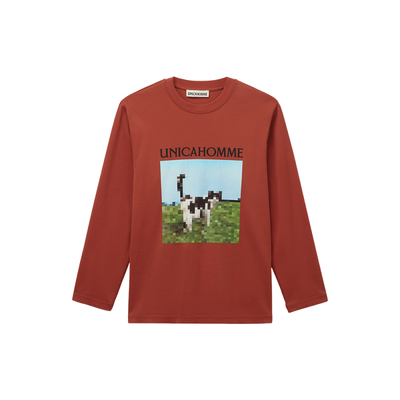 UNICAHOMME马赛克印花棉质圆领长袖T恤