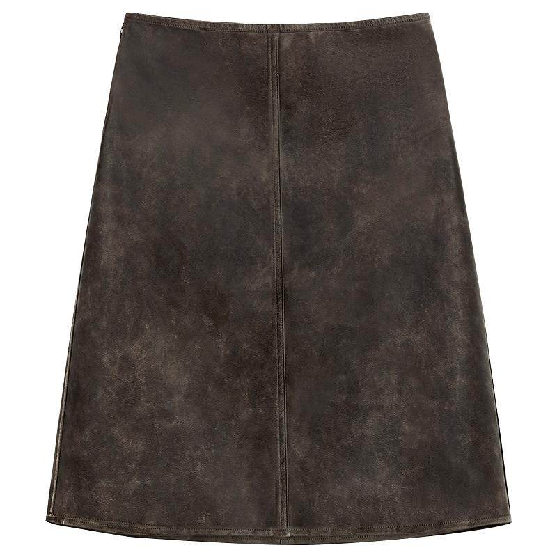 COCOBELLA[MIU系穿搭]复古PU皮半身裙女手工擦色短裙PU7059