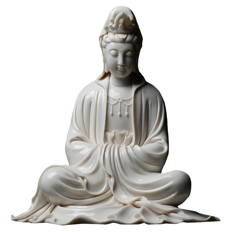 戴玉堂郑金星陶瓷摆件《披坐观音像》德化白瓷供奉佛像客厅艺术