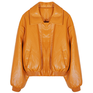 今屿花花 皮衣外套女高级感小个子2025年新款秋冬PU皮机车服橘色