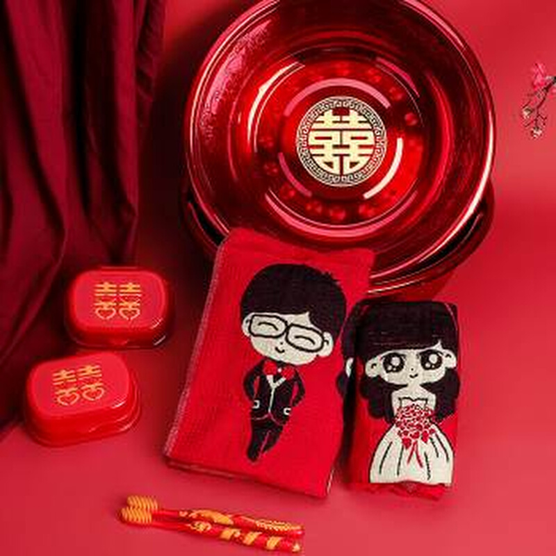 结婚喜盆新d娘陪嫁套装婆家洗脸盆大红色盆一对女方嫁妆婚庆用品