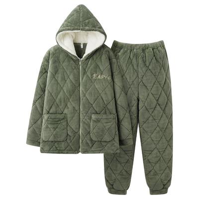 猫人男士珊瑚绒三层夹棉睡衣男冬