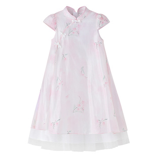 安奈儿童装女童新中式天丝短袖连衣裙2026夏新款轻薄网纱中长裙