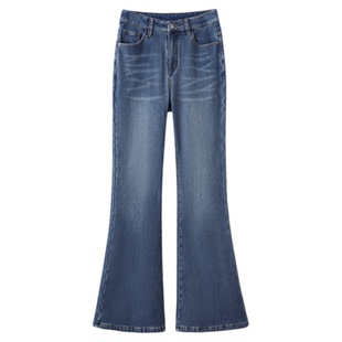 深蓝色加绒不贴腿微喇牛仔裤女2025冬季新款高腰垂感阔腿喇叭裤子