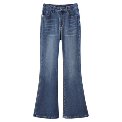 深蓝色加绒不贴腿微喇牛仔裤冬季