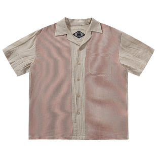 SOARIN英伦风复古亚麻短袖衬衫男 拼接格子商务休闲宽松波点衬衣