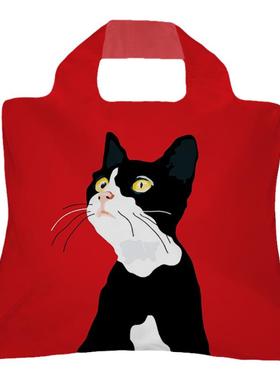 红底黑白猫时尚折叠环保购物袋便携买菜包手提袋单肩包布包收纳袋