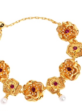 VISING培育红宝石【国检证书】鸽血红黄金色花朵珍珠手链手串S925