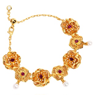 VISING培育红宝石【国检证书】鸽血红黄金色花朵珍珠手链手串S925