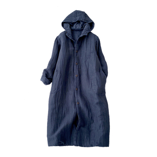 初冬女装双层亚麻夹棉连帽外套休闲宽松长款薄棉衣棉服夹层棉袄