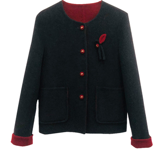 2025秋冬新品短款圆领修身双面呢羊绒大衣外套小个子香风撞色外套