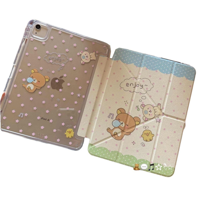 波点轻松熊ipad壳适用苹果iPad11代保护壳苹果iPadAir7/6/5亚克力保护套防弯iPadA16平板壳带笔槽3Y折平板壳